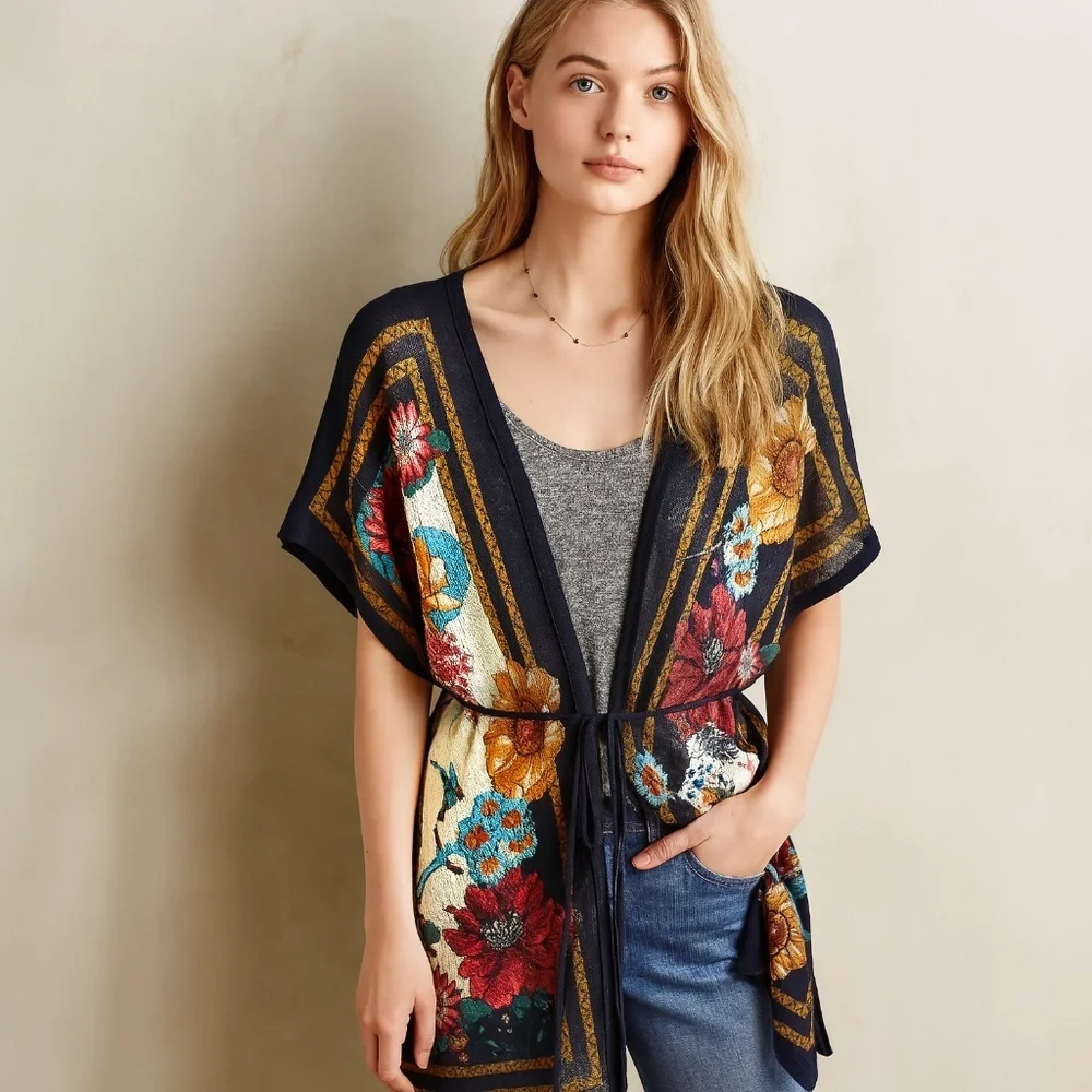 Anthropologie Moth Floral Kimono Tunic Boho Tie Waist Wrap Top Small